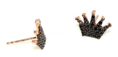 925 Rose Silver Crown Model Stud Earrings, Black Zircon - 2