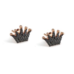 925 Rose Silver Crown Model Stud Earrings, Black Zircon - Nusrettaki