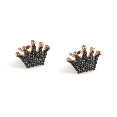 925 Rose Silver Crown Model Stud Earrings, Black Zircon - 1