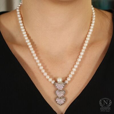 925 Sterling Silver Three Hearts Necklace with Pearl - 1