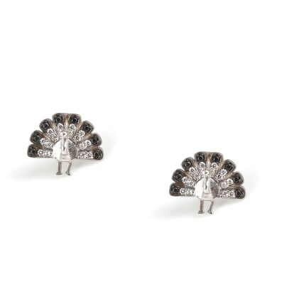 925 Silver Peacock Stud Earrings, Black Zircon - 1