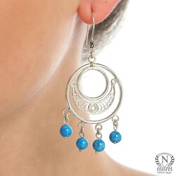 925 Silver Crescent and Circles Dangle Filigree Earrings with Turquoise - Nusrettaki