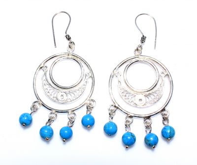 925 Silver Crescent and Circles Dangle Filigree Earrings with Turquoise - 2