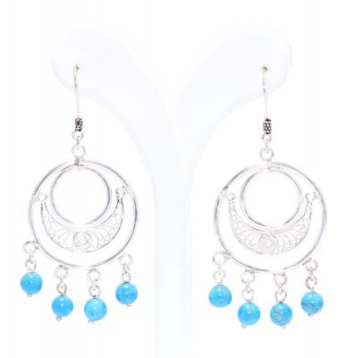 925 Silver Crescent and Circles Dangle Filigree Earrings with Turquoise - 3