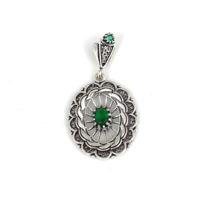 925 Ayar Gümüş Yeşil Taş Telkari Kolye Ucu - 1