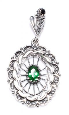 925 Ayar Gümüş Yeşil Taş Telkari Kolye Ucu - 5