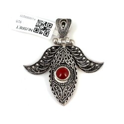 925 Ayar Gümüş Kırmızı Akik Taşlı Döküm Telkari Kolye Ucu - Nusrettaki