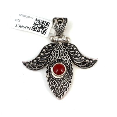 925 Ayar Gümüş Kırmızı Akik Taşlı Döküm Telkari Kolye Ucu - 1