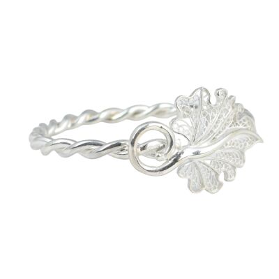 925 Ayar Gümüş Telkari Yaprak Kaşlı İki Telli Burma Bilezik - 1