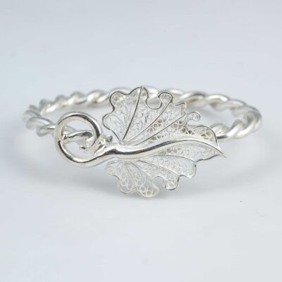 925 Ayar Gümüş Telkari Yaprak Kaşlı İki Telli Burma Bilezik - 3