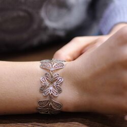 925 Ayar Gümüş Yaprak Motifli Telkari Bileklik - 3