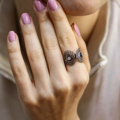 925 Ayar Gümüş Taşlı Telkari Yüzük - 1