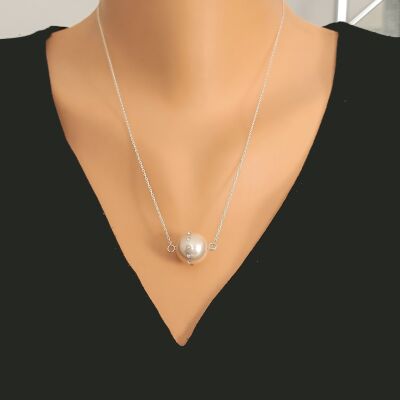 925 Ayar Gümüş 14 mm Toz Pembe Renkli Üzeri Zirkon Taşlı Kolye - 1