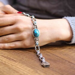 925 Ayar Gümüş Turkuaz Taşlı Antik El Kalemli Bileklik - 5