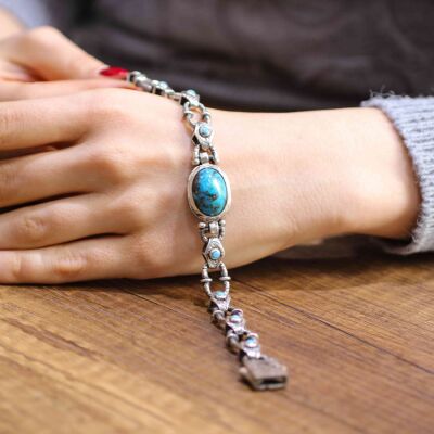 925 Ayar Gümüş Turkuaz Taşlı Antik El Kalemli Bileklik - 5