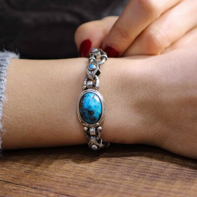 925 Ayar Gümüş Turkuaz Taşlı Antik El Kalemli Bileklik - 6