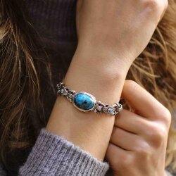 925 Ayar Gümüş Turkuaz Taşlı Antik El Kalemli Bileklik - Nusrettaki