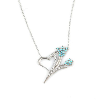 925 Ayar Gümüş Turkuaz Taşlı Kalp ve Lale Kolyesi - 2