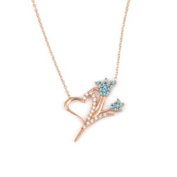 925 Ayar Gümüş Turkuaz Taşlı Kalp ve Lale Kolyesi - 4