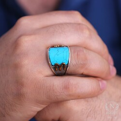 925 Sterling Silver IYI Design Men Ring with Turquoise - Nusrettaki