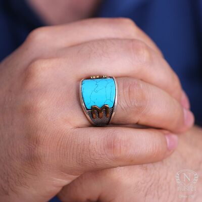 925 Sterling Silver IYI Design Men Ring with Turquoise - 1
