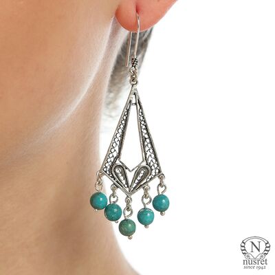 925 Sterling Silver Arrow Design Dangle Filigree Earrings with Turquoise - 1
