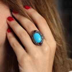 925 Ayar Gümüş Turkuaz Taşlı Tasarım Yüzük - Nusrettaki