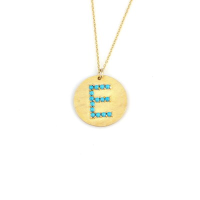 925 Ayar Gümüş Turkuaz Taşlı Yuvarlak Harf Kolye - 1