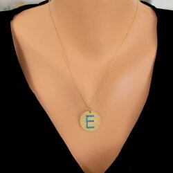 925 Ayar Gümüş Turkuaz Taşlı Yuvarlak Harf Kolye - Nusrettaki