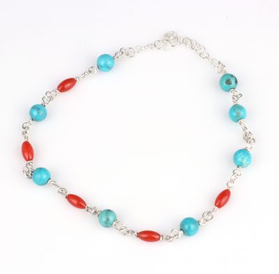 925 Ayar Gümüş Turkuaz ve Mercan Taşlı Halhal Bileklik - 2