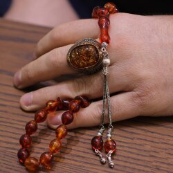 925 Ayar Gümüş Turuncu Renkli Sıkma Kehribar Tesbih - Nusrettaki (1)
