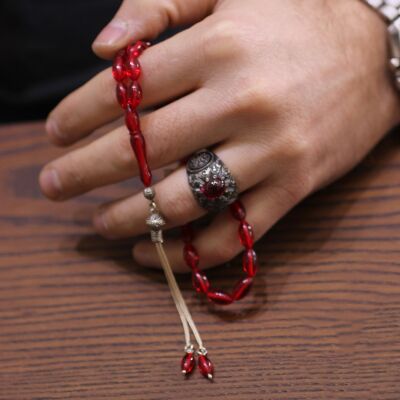 Turuncu Renk 925 Ayar Gümüş Sıkma Kehribar Tesbih - 2