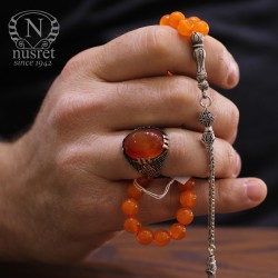 Silver Prayer Beads with Orange Color Tightening Amber - Nusrettaki (1)