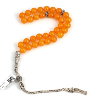Silver Prayer Beads with Orange Color Tightening Amber - 1