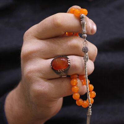 Silver Prayer Beads with Orange Color Tightening Amber - 2