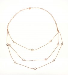 925 Ayar Gümüş Üç Sıra Zincirli Kolye, Pembe - Beyaz Taş - 3