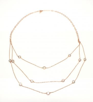 925 Ayar Gümüş Üç Sıra Zincirli Kolye, Pembe - Beyaz Taş - 1