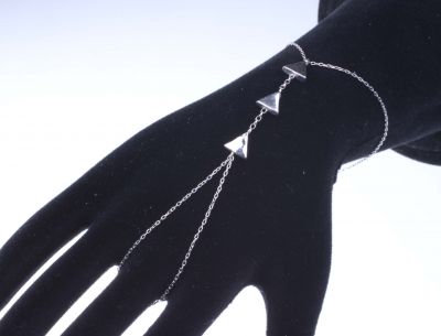 Sterling Silver Triple Triangle Ring to Wrist Bracelet, White Gold Vermeil - 4