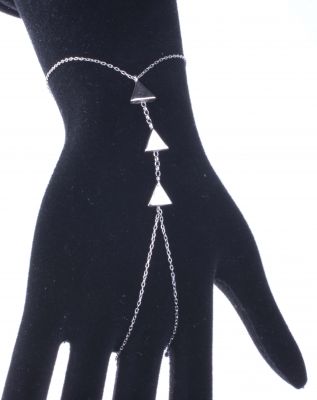 Sterling Silver Triple Triangle Ring to Wrist Bracelet, White Gold Vermeil - 5