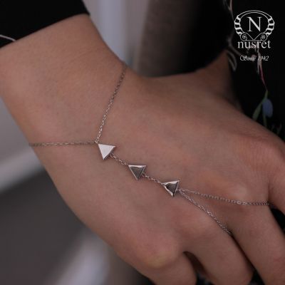Sterling Silver Triple Triangle Ring to Wrist Bracelet, White Gold Vermeil - 3