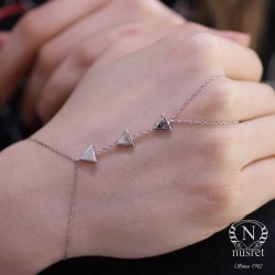 Nusrettaki - Sterling Silver Triple Triangle Ring to Wrist Bracelet, White Gold Vermeil