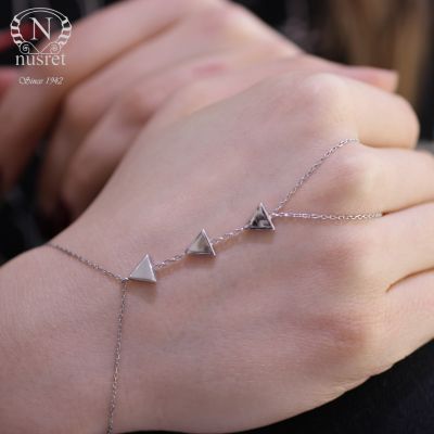 Sterling Silver Triple Triangle Ring to Wrist Bracelet, White Gold Vermeil - 2