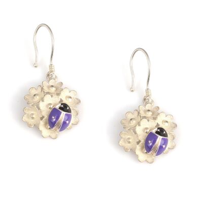 925 Silver Tiny Flower& LadyBug Dangle Earrings - 1
