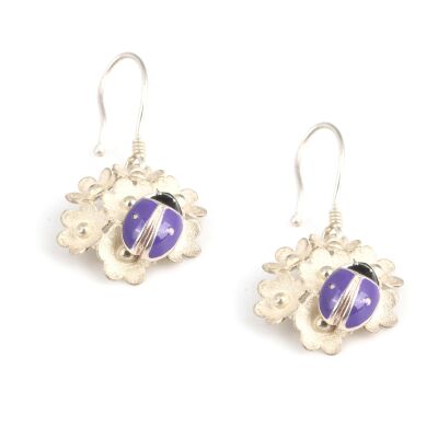 925 Silver Tiny Flower& LadyBug Dangle Earrings - 2