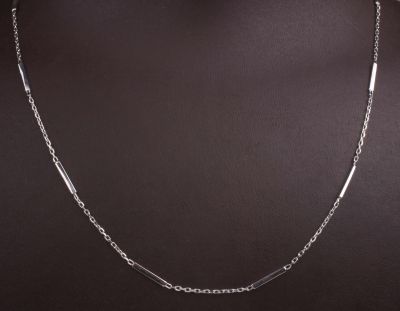 Sterling Silver Long Chain Necklace with Tiny Bars, White Gold Plated - 4