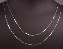 Sterling Silver Long Chain Necklace with Tiny Bars, White Gold Plated - 5