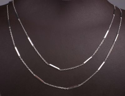Sterling Silver Long Chain Necklace with Tiny Bars, White Gold Plated - 5