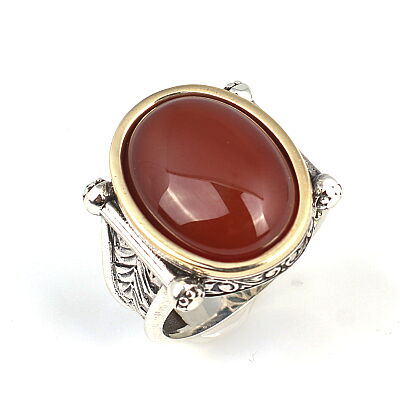 925 Ayar Gümüş ve Bronz Karışımı Akik Taşlı Erkek Yüzük, Oval - 1