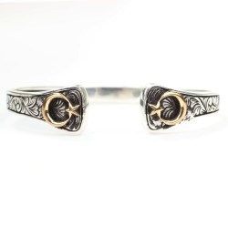 Silver & Bronze Star Crescent Design Men's Cuff Bracelet - Nusrettaki (1)