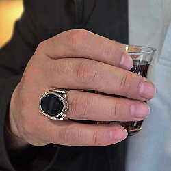 925 Ayar Gümüş ve Bronz Dikdörtgen Oniks Taşlı Erkek Yüzük - Nusrettaki